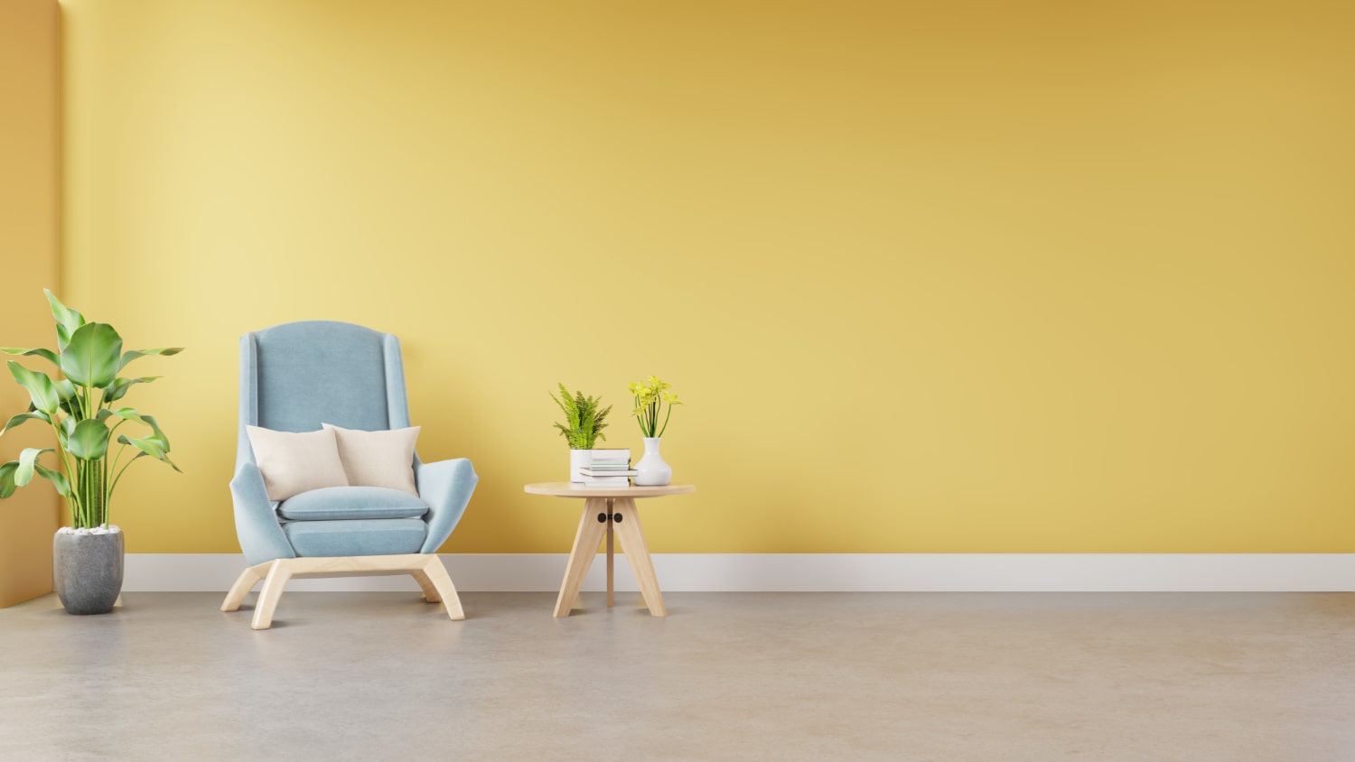 Cozy Living Room Interior With Armchair, Books, And Plants