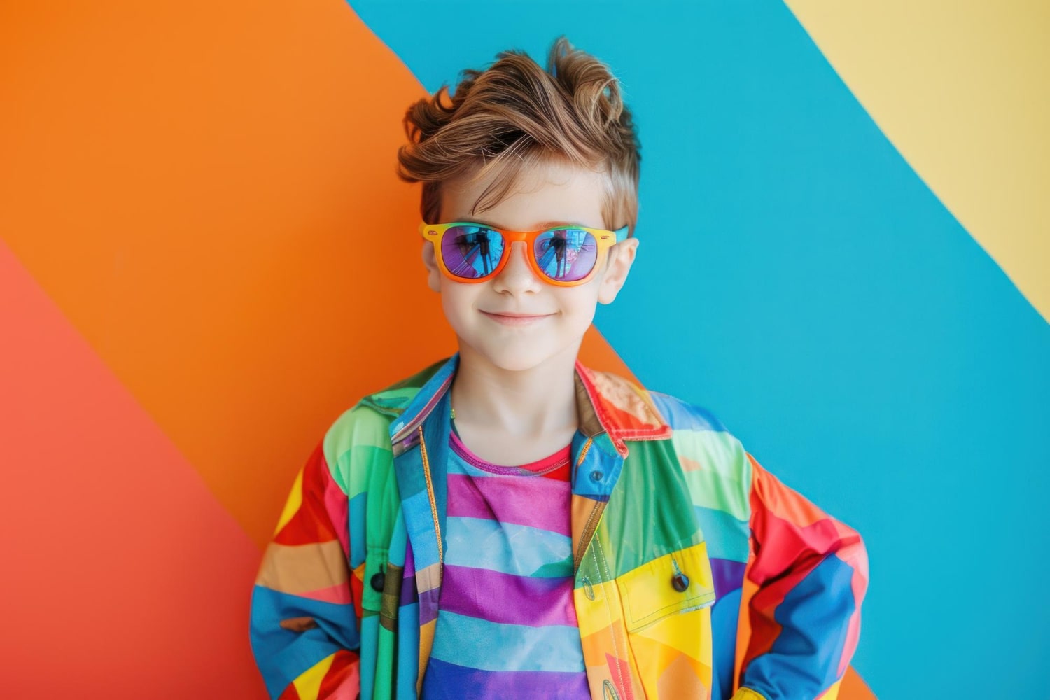 Fashion Model Showcasing Colorful Trendy Clothing Against Vibrant Background